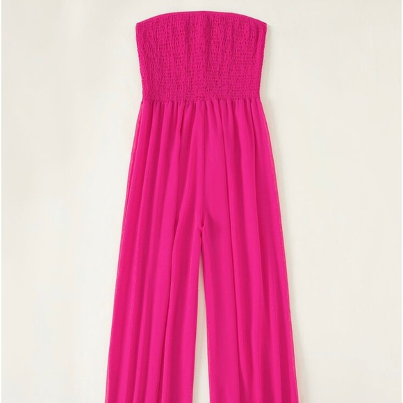 🧨🎉NWOT SMOCKED BANDEAU FLARE LEG ONE-PIECEJUMPSUIT/COVER UP - Picture 2 of 7